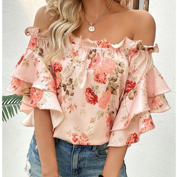 Rouge! Tops - Floral Print Pink Off Shoulder Ruffle Detail Top Blouse Shirt